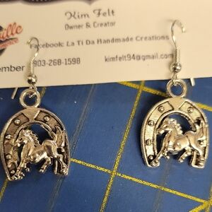 Silver Tone Horse and Horseshoe Earrings